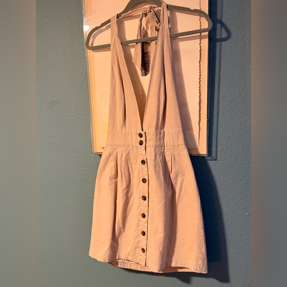 Forever 21 Tan Linen Backless Button-Front Halter Sundress